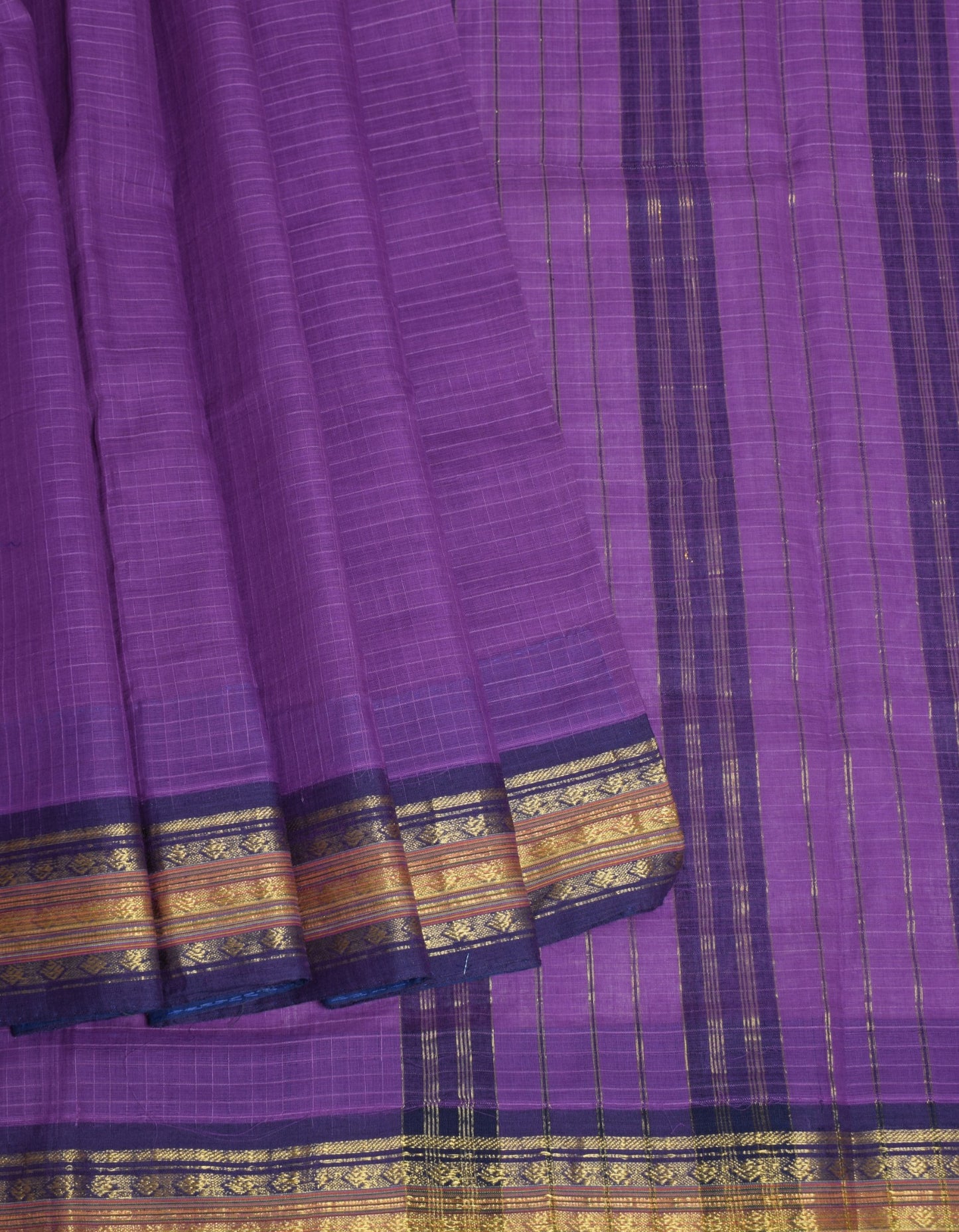 Sushila Vintage Purple Handloom Saree Checks Woven Pure Cotton 6 YardSari Fabric