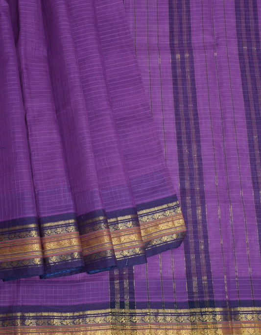 Sushila Vintage Purple Handloom Saree Checks Woven Pure Cotton 6 YardSari Fabric