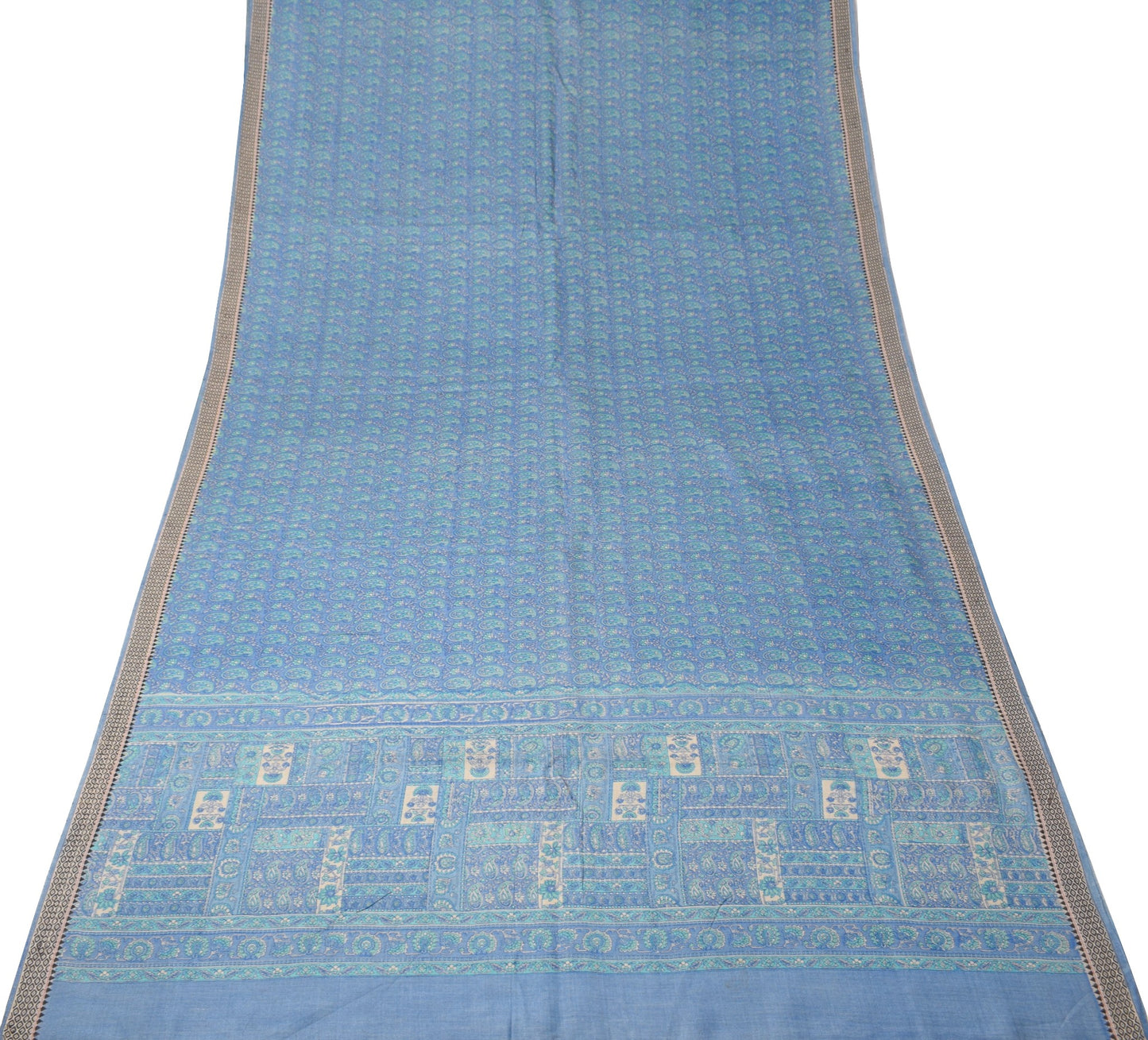 Sushila Vintage Steel Blue Saree Pure Cotton Silk Handprinted 6 Yard Sari Fabric