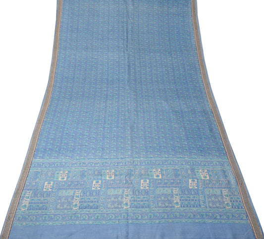 Sushila Vintage Steel Blue Saree Pure Cotton Silk Handprinted 6 Yard Sari Fabric
