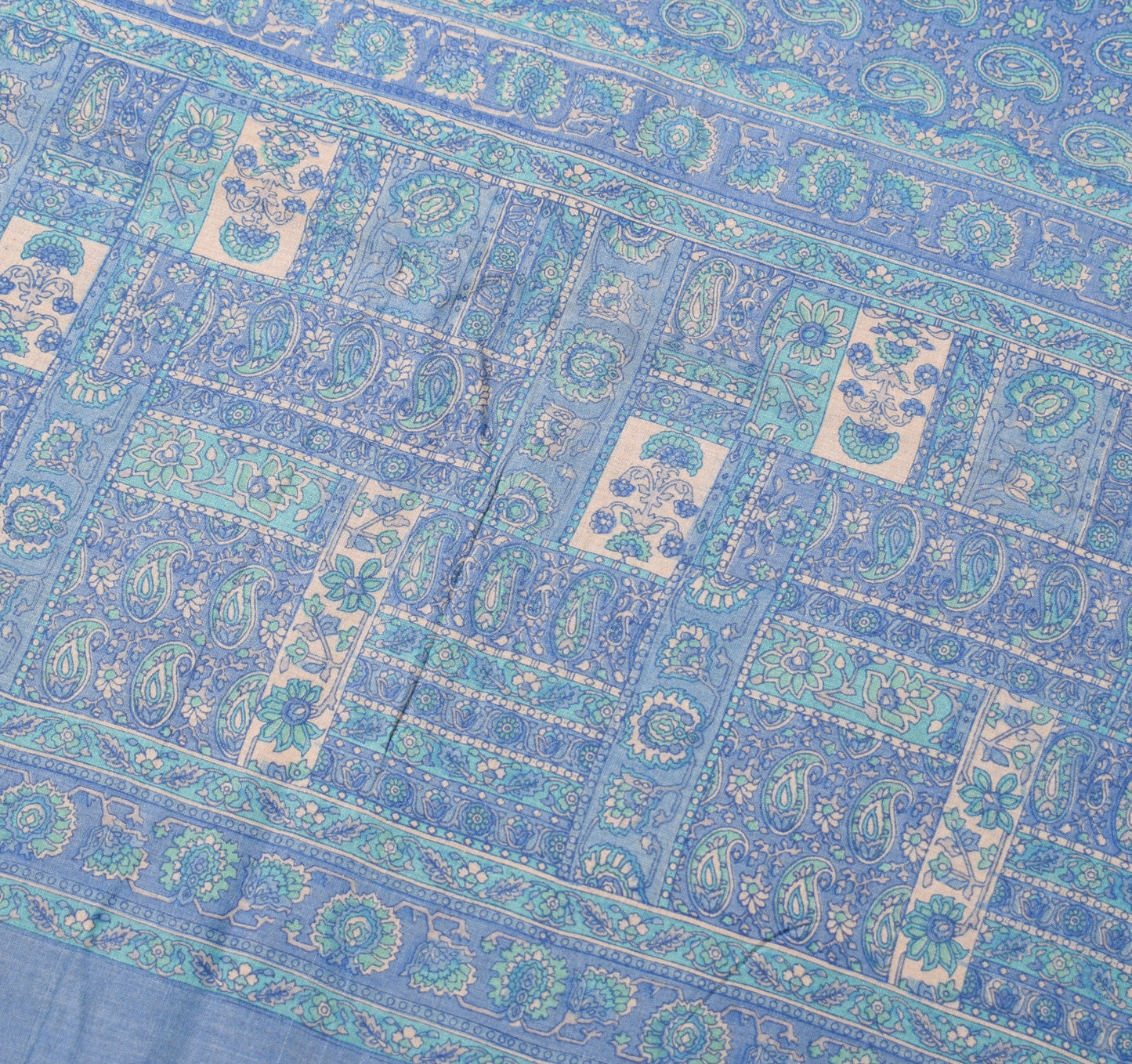 Sushila Vintage Steel Blue Saree Pure Cotton Silk Handprinted 6 Yard Sari Fabric