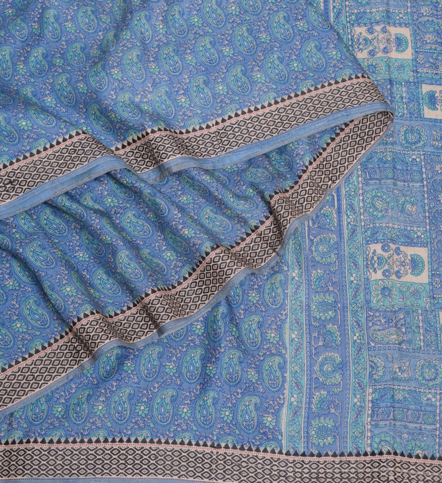 Sushila Vintage Steel Blue Saree Pure Cotton Silk Handprinted 6 Yard Sari Fabric