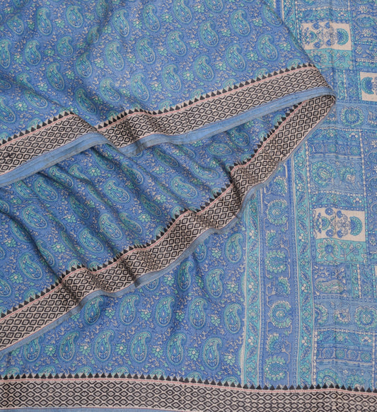 Sushila Vintage Steel Blue Saree Pure Cotton Silk Handprinted 6 Yard Sari Fabric