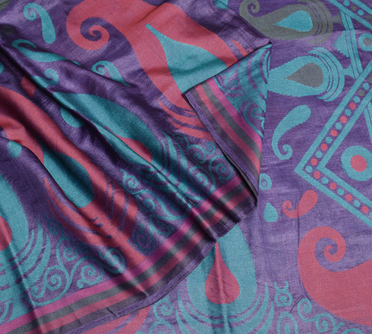 Sushila Vintage Pure Tussar Silk Saree Purple Paisley Woven Soft 5Yd Sari Fabric