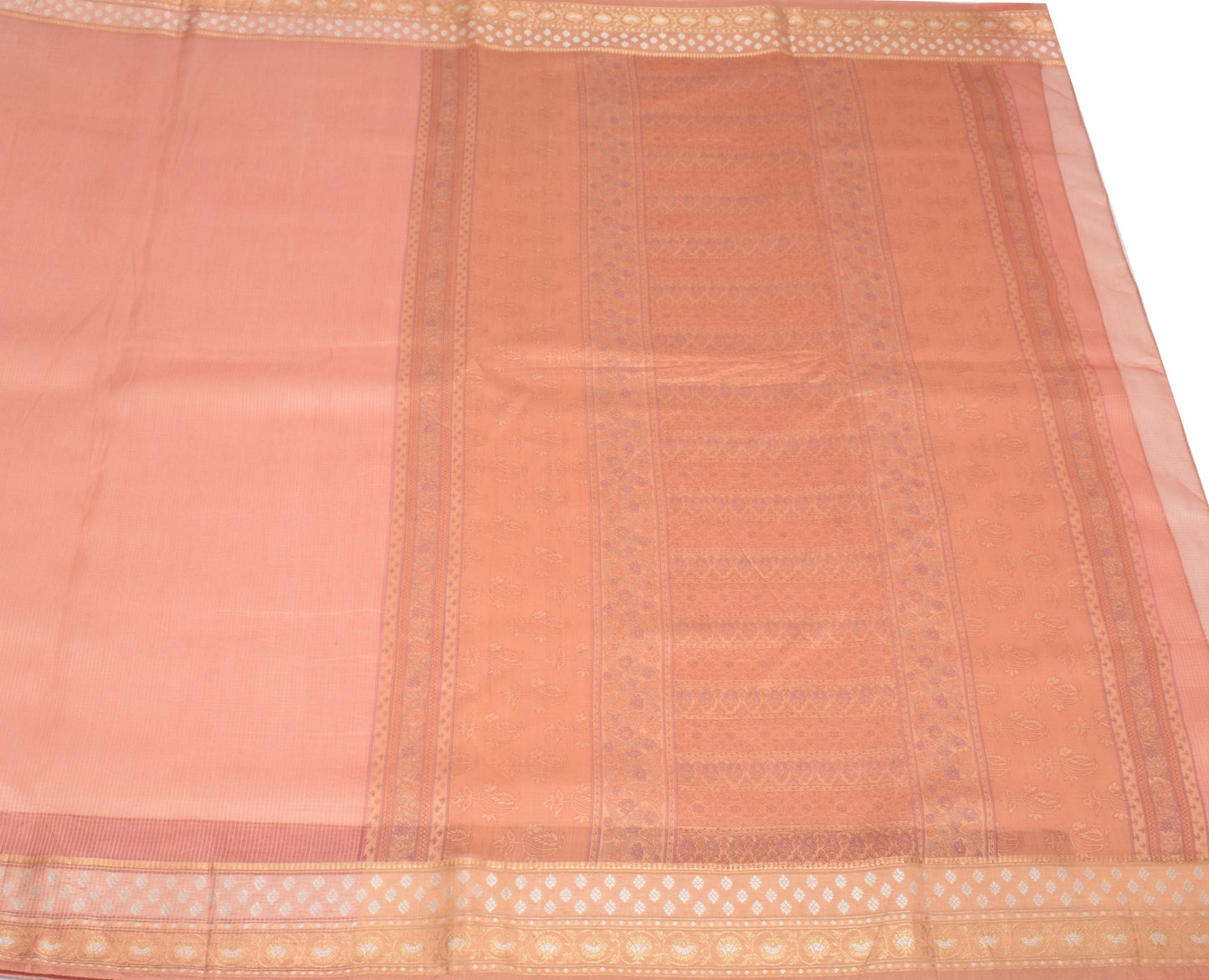 Sushila Vintage Peach Saree Pure Silk Stripes Woven Zari Border Sari CraftFabric