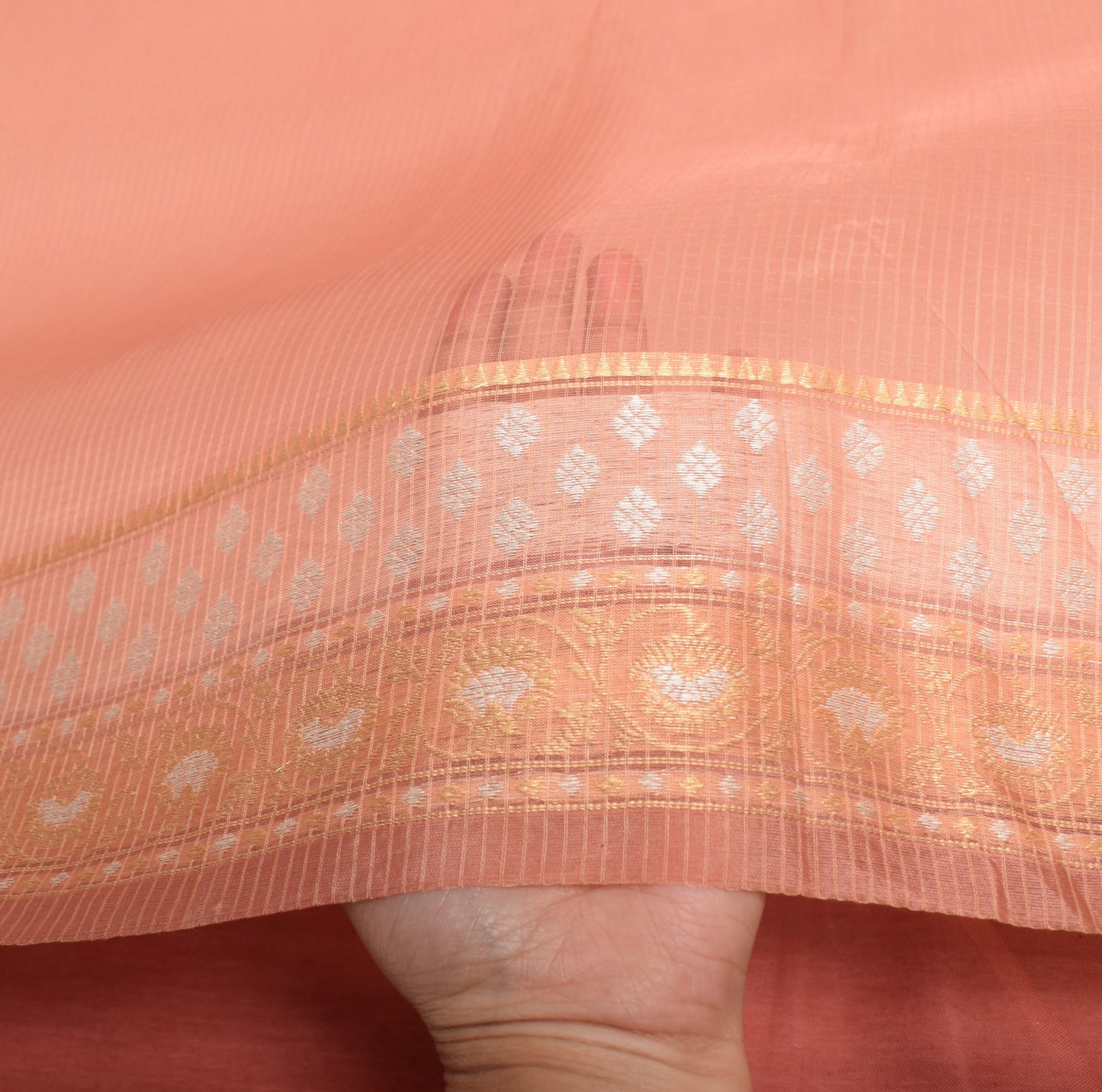 Sushila Vintage Peach Saree Pure Silk Stripes Woven Zari Border Sari CraftFabric