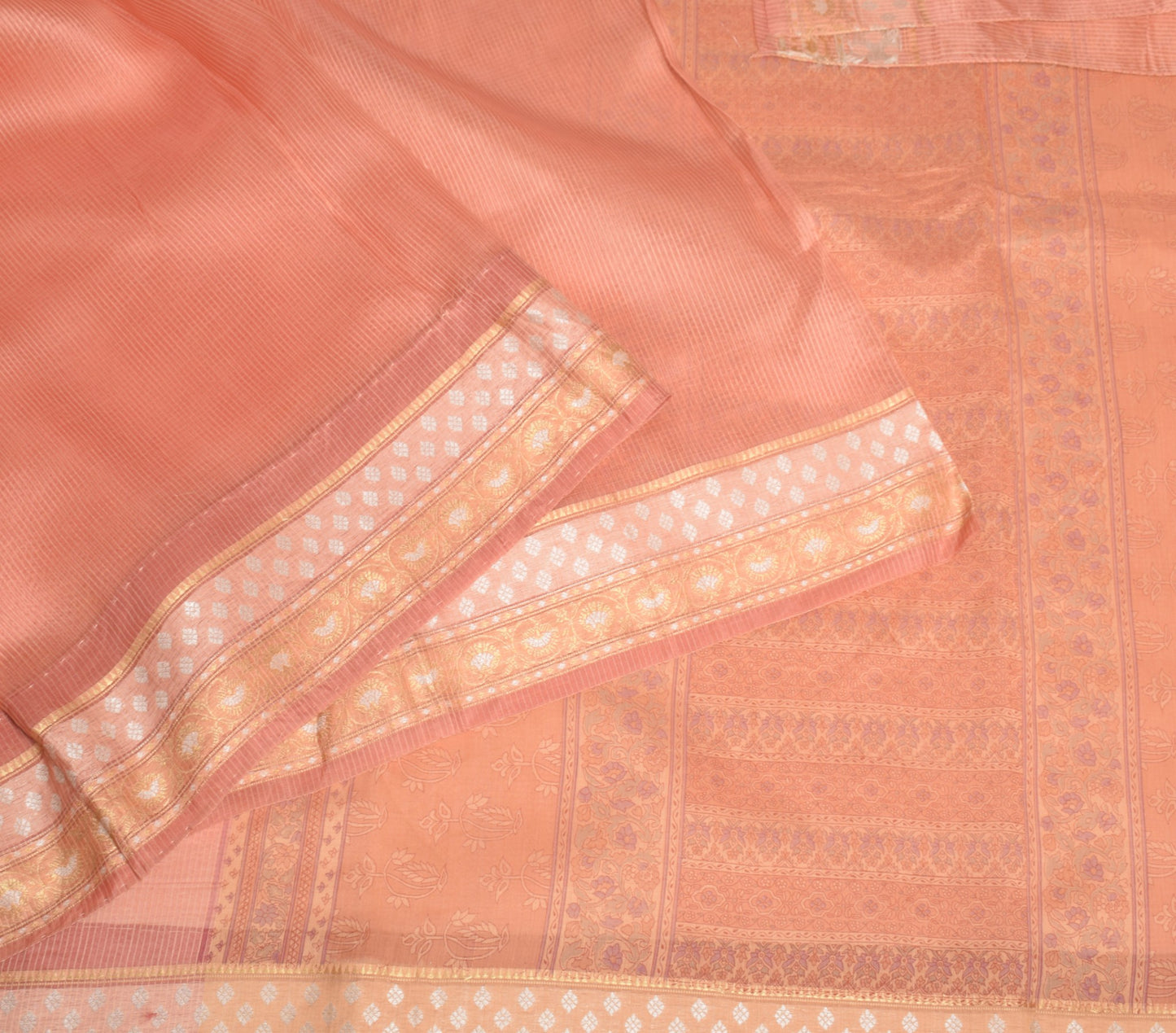 Sushila Vintage Peach Saree Pure Silk Stripes Woven Zari Border Sari CraftFabric