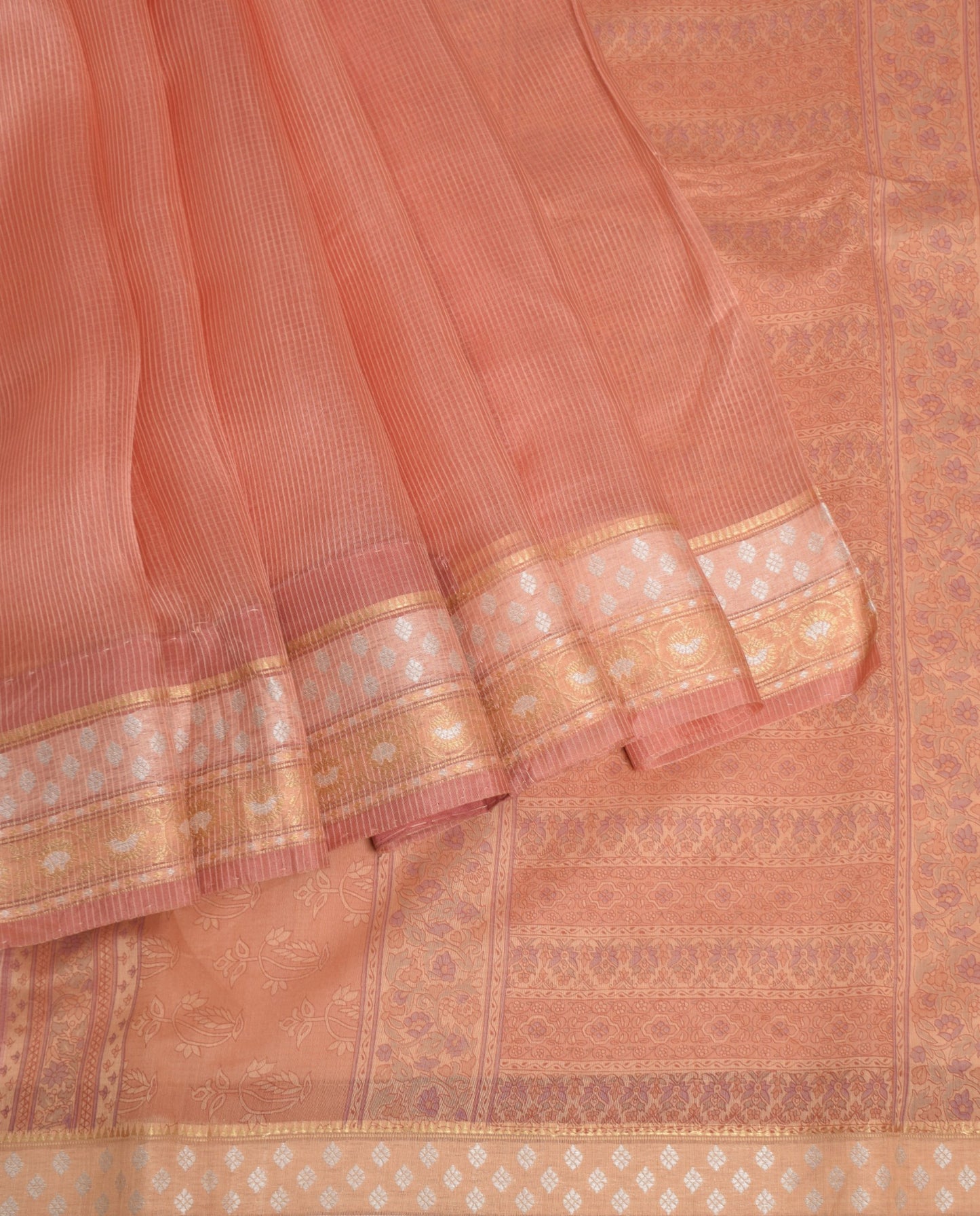Sushila Vintage Peach Saree Pure Silk Stripes Woven Zari Border Sari CraftFabric