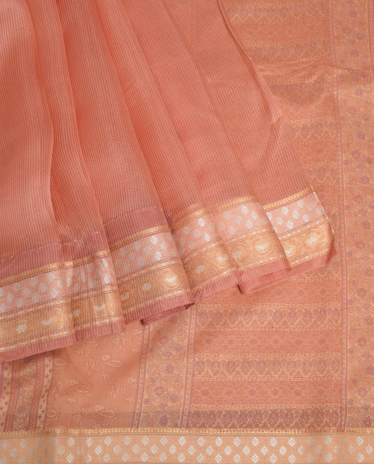 Sushila Vintage Peach Saree Pure Silk Stripes Woven Zari Border Sari CraftFabric