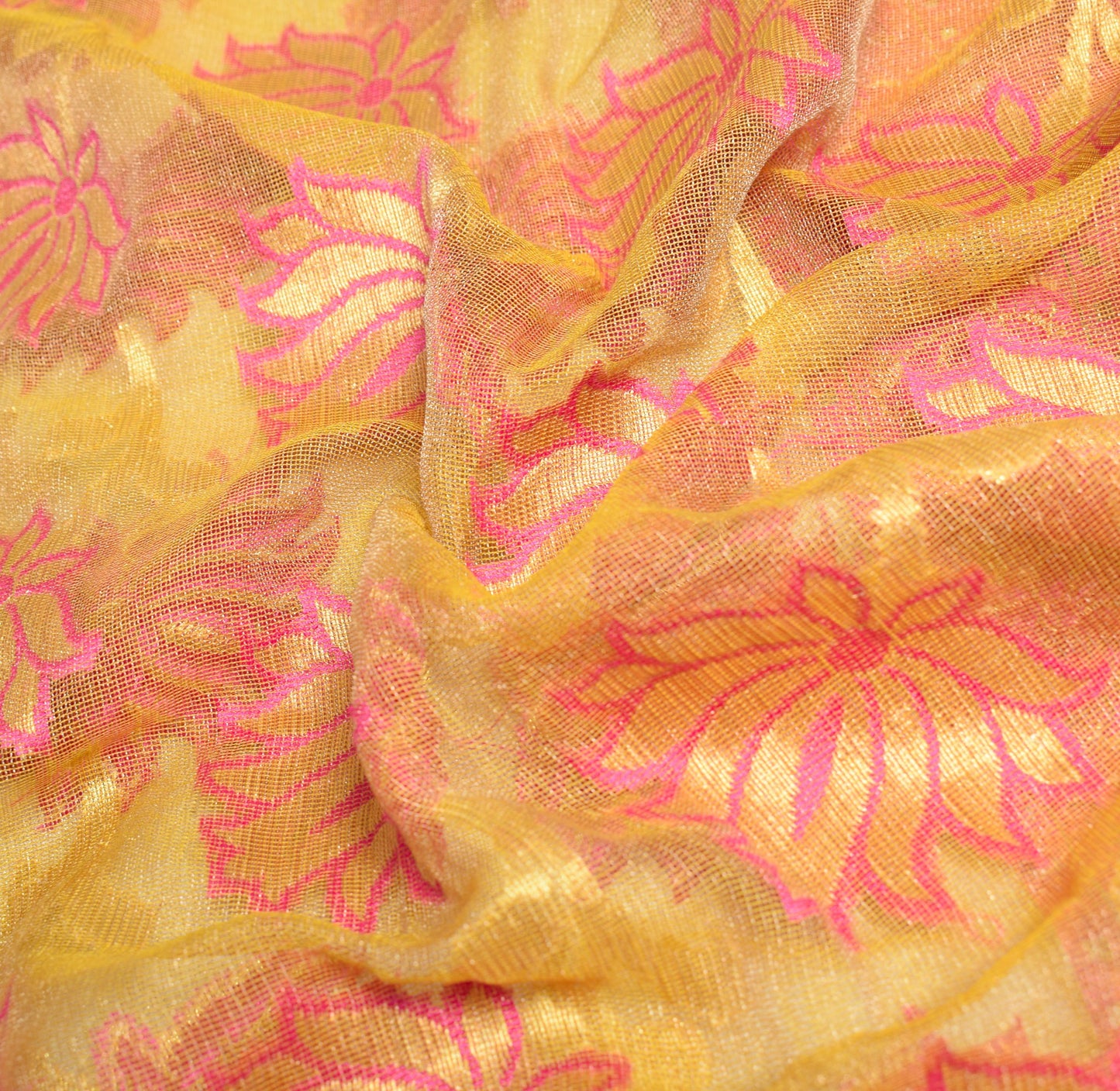 Sushila Vintage Yellow & Pink Sari Bengal handloom Jamdani Art Silk Saree Fabric