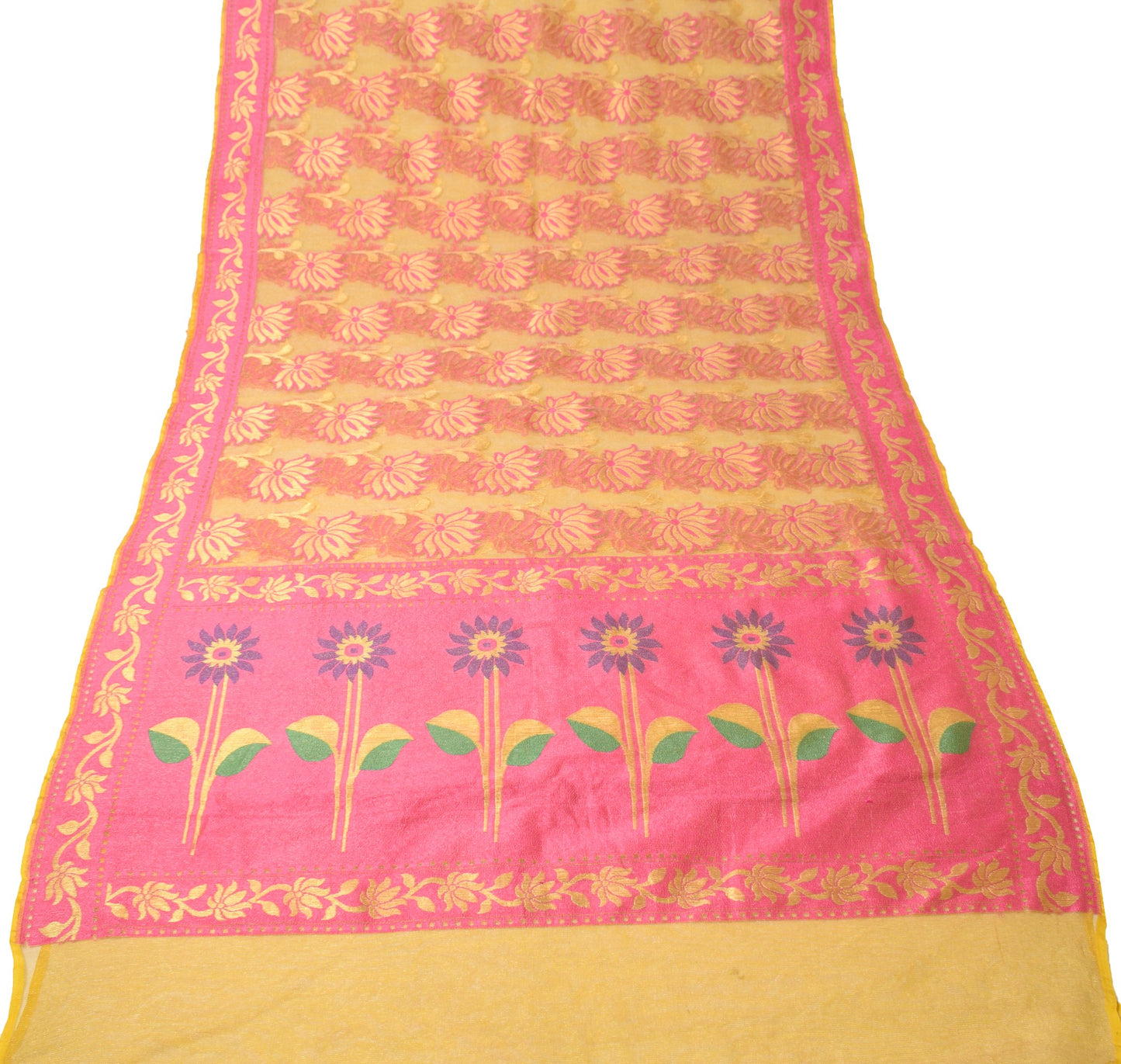 Sushila Vintage Yellow & Pink Sari Bengal handloom Jamdani Art Silk Saree Fabric