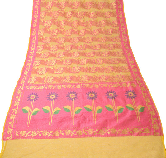 Sushila Vintage Yellow & Pink Sari Bengal handloom Jamdani Art Silk Saree Fabric