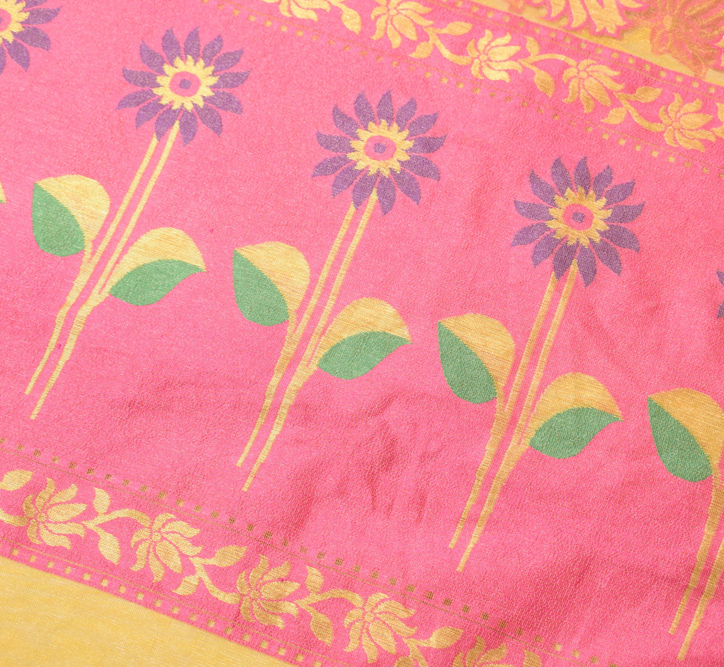 Sushila Vintage Yellow & Pink Sari Bengal handloom Jamdani Art Silk Saree Fabric