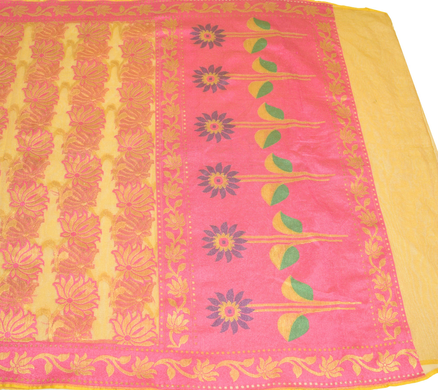 Sushila Vintage Yellow & Pink Sari Bengal handloom Jamdani Art Silk Saree Fabric