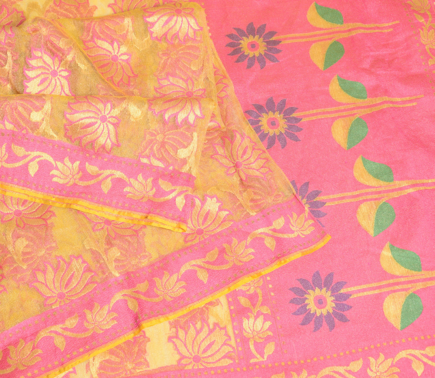 Sushila Vintage Yellow & Pink Sari Bengal handloom Jamdani Art Silk Saree Fabric