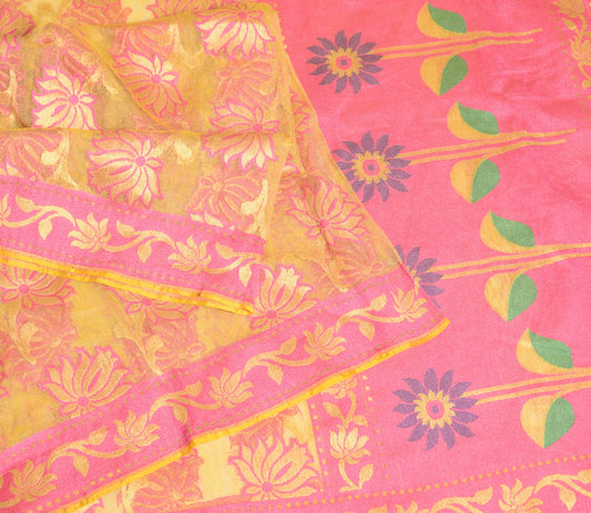 Sushila Vintage Yellow & Pink Sari Bengal handloom Jamdani Art Silk Saree Fabric