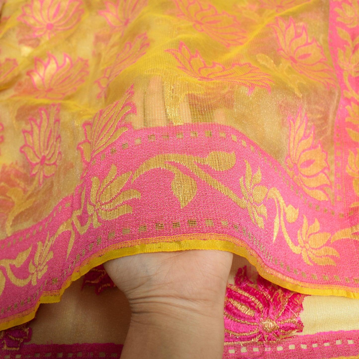 Sushila Vintage Yellow & Pink Sari Bengal handloom Jamdani Art Silk Saree Fabric