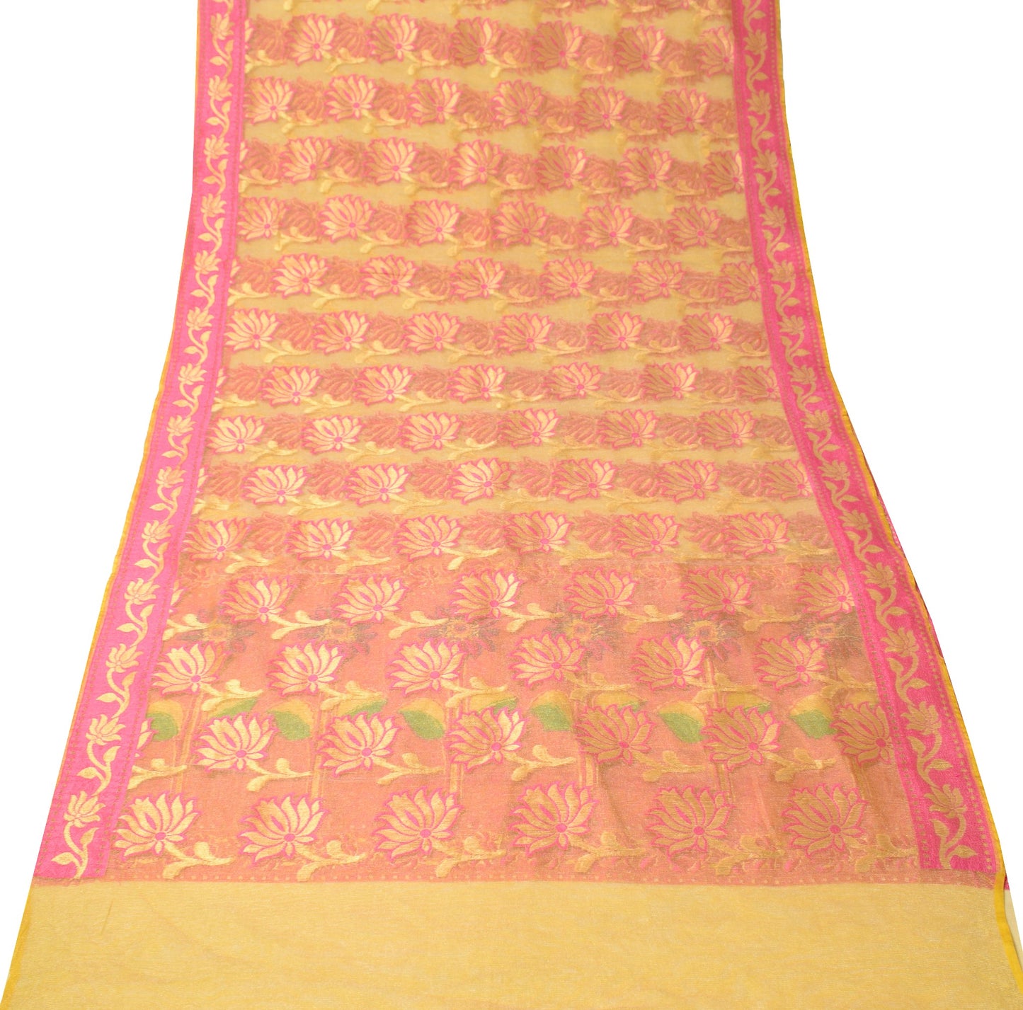 Sushila Vintage Yellow & Pink Sari Bengal handloom Jamdani Art Silk Saree Fabric
