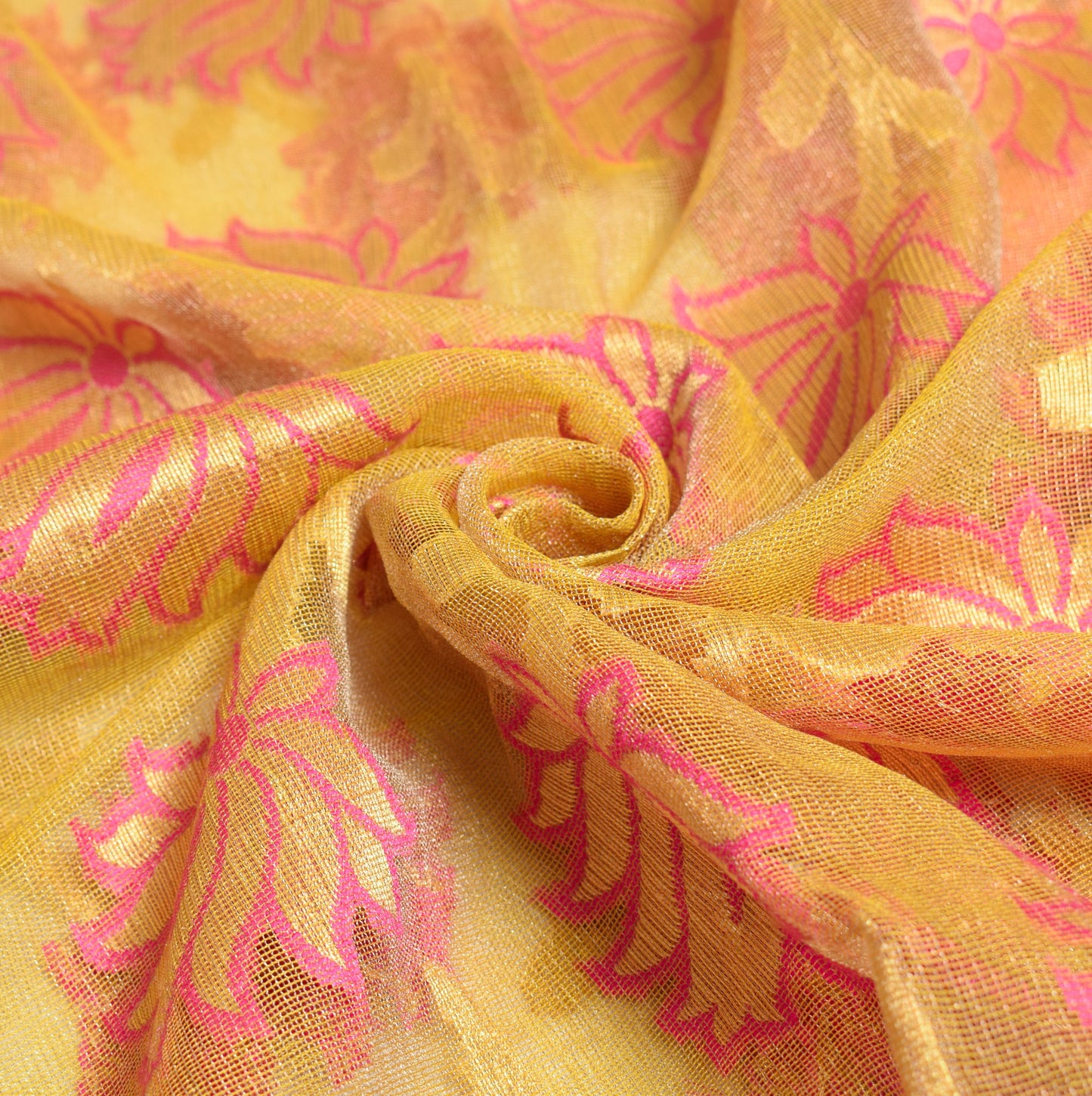 Sushila Vintage Yellow & Pink Sari Bengal handloom Jamdani Art Silk Saree Fabric