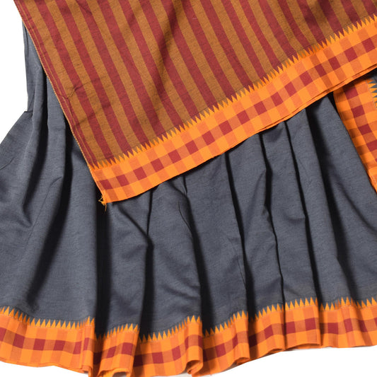 Sushila Vintage Dharwad Cotton Saree Plain Body Checks Border Gray Sari Fabric