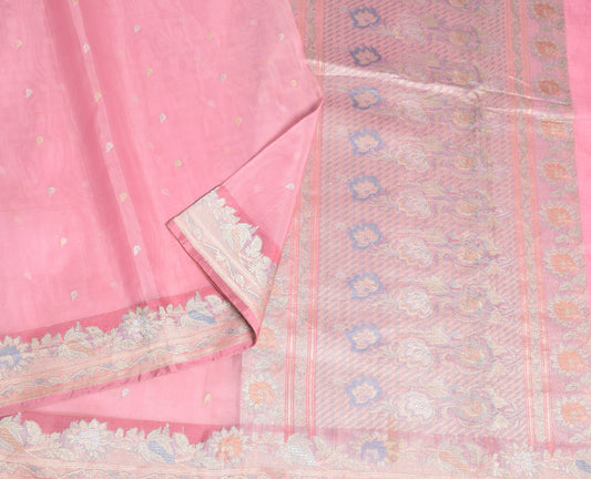 Sushila Vintage Pure Organza Silk Saree Gold Silver Brocade Feather Pink Sari