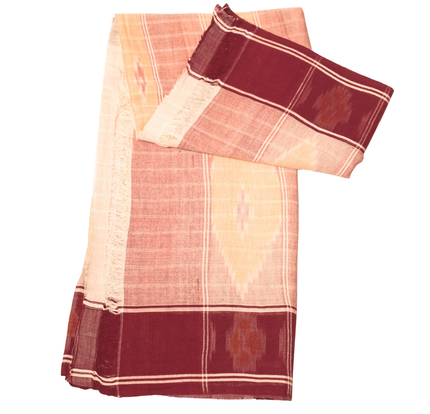 Sushila Vintage Pure Cotton Saree Peach Hand Woven Ikat Patola Sari Craft Fabric