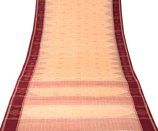Sushila Vintage Pure Cotton Saree Peach Hand Woven Ikat Patola Sari Craft Fabric