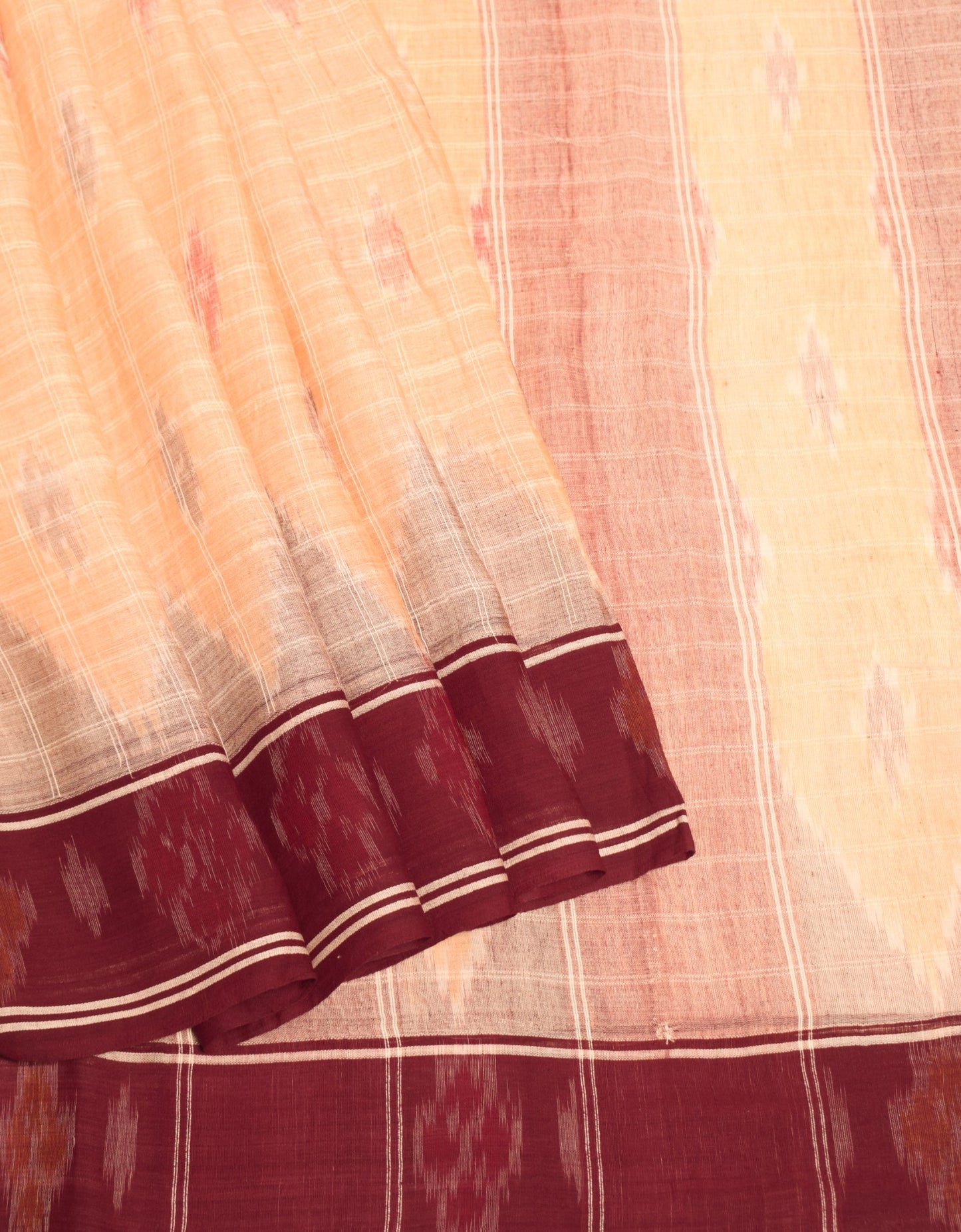 Sushila Vintage Pure Cotton Saree Peach Hand Woven Ikat Patola Sari Craft Fabric