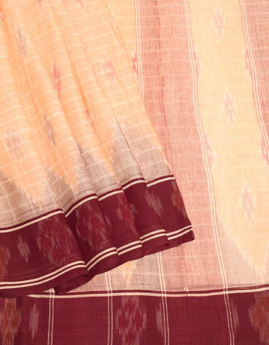 Sushila Vintage Pure Cotton Saree Peach Hand Woven Ikat Patola Sari Craft Fabric