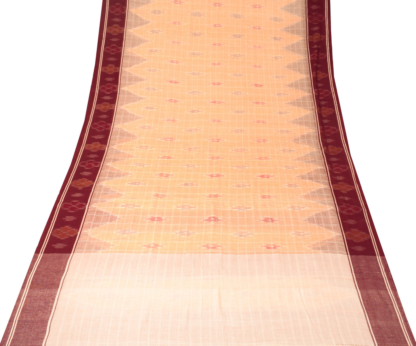 Sushila Vintage Pure Cotton Saree Peach Hand Woven Ikat Patola Sari Craft Fabric