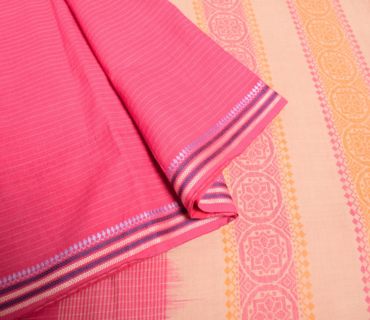 Sushila Vintage Stripes Pink Saree Pure Cotton Handloom Woven Soft Sari Fabric