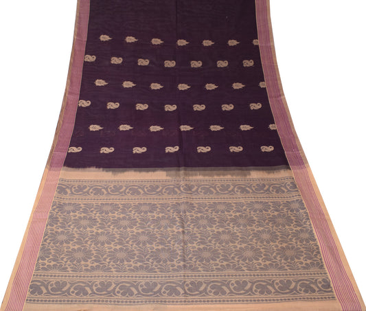 Sushila Vintage Floral Woven Saree Stripes Border Pure Cotton Purple Sari Fabric