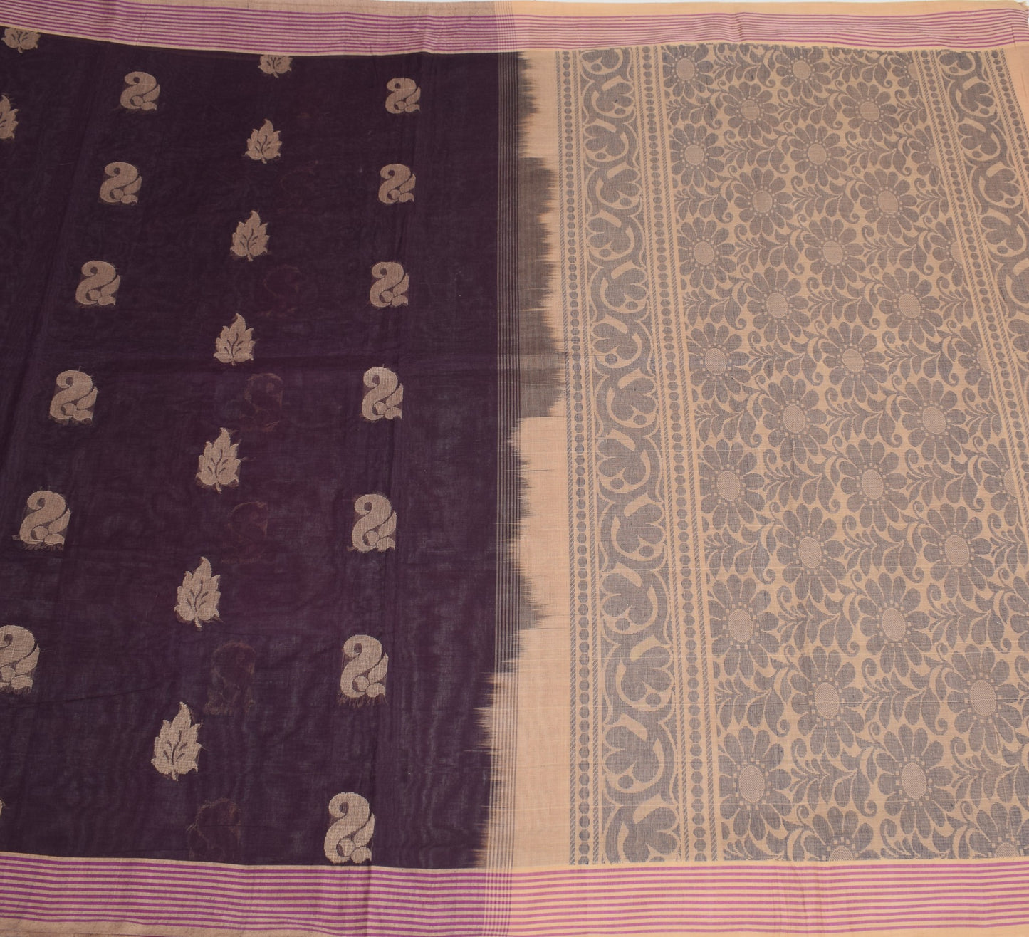 Sushila Vintage Floral Woven Saree Stripes Border Pure Cotton Purple Sari Fabric