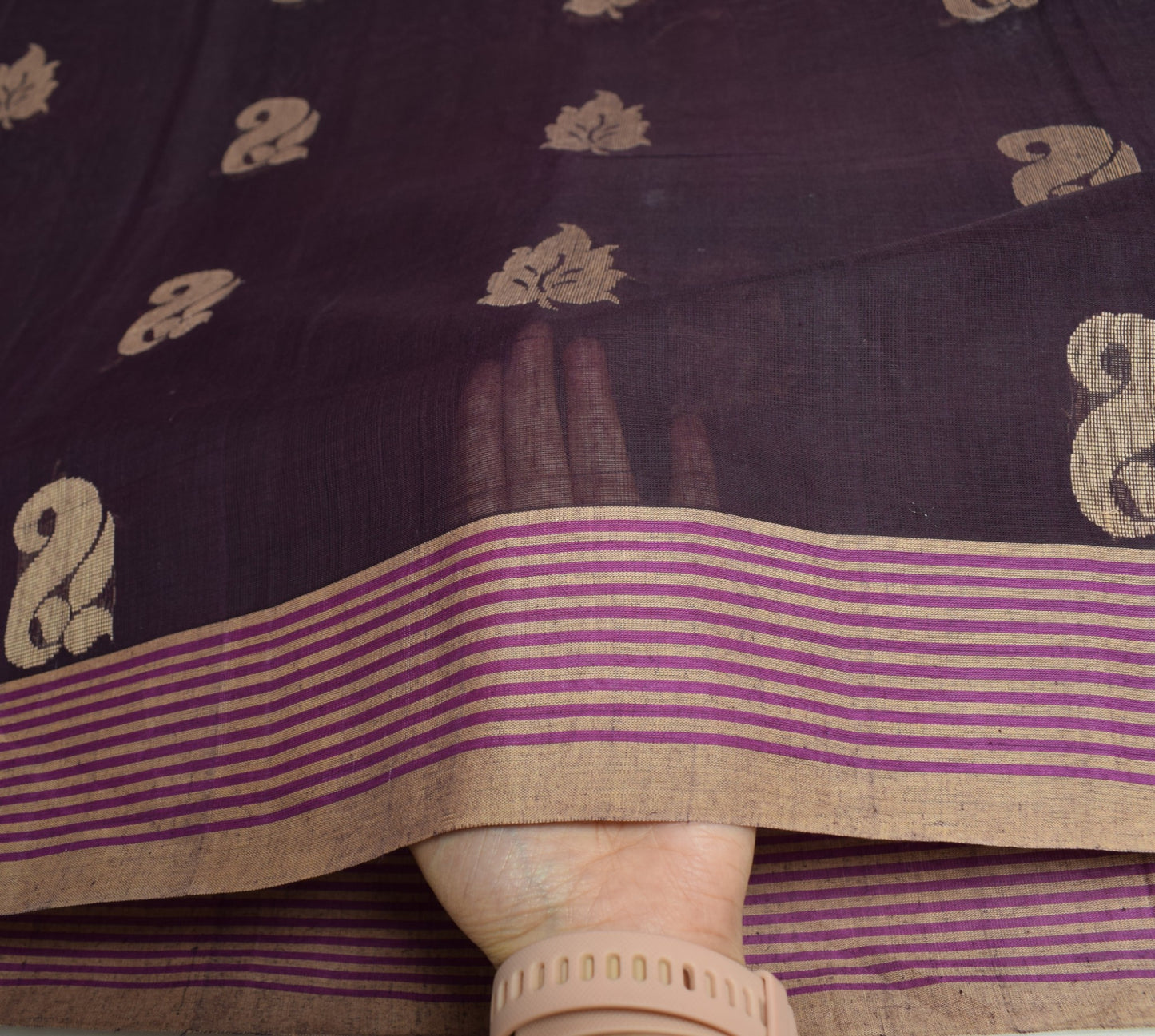 Sushila Vintage Floral Woven Saree Stripes Border Pure Cotton Purple Sari Fabric