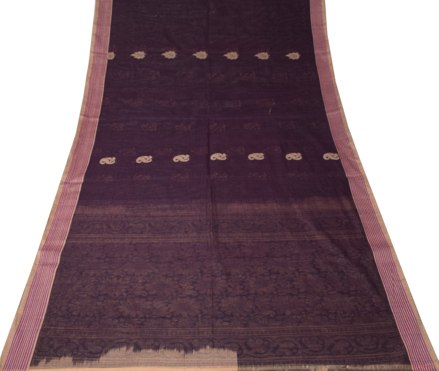 Sushila Vintage Floral Woven Saree Stripes Border Pure Cotton Purple Sari Fabric