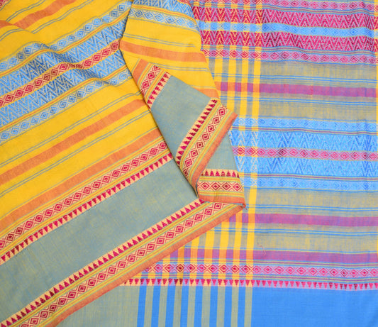 Sushila Vintage Cotton Handloom Saree Multi-Color Checks Handwoven Sari Fabric