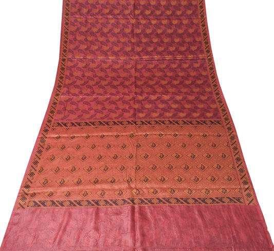 Sushila Vintage Paisley Woven Saree Pure Tussar Silk Maroon Soft 5YD Sari Fabric
