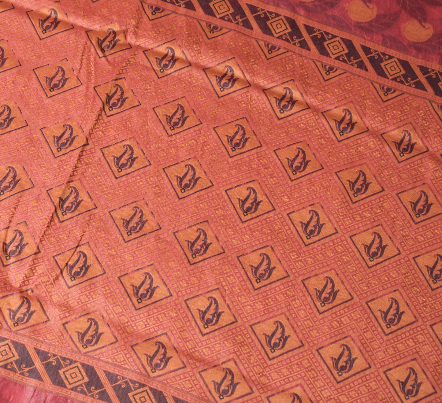 Sushila Vintage Paisley Woven Saree Pure Tussar Silk Maroon Soft 5YD Sari Fabric
