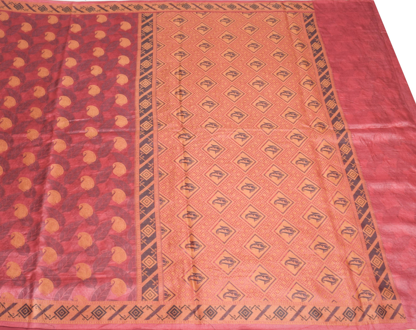 Sushila Vintage Paisley Woven Saree Pure Tussar Silk Maroon Soft 5YD Sari Fabric