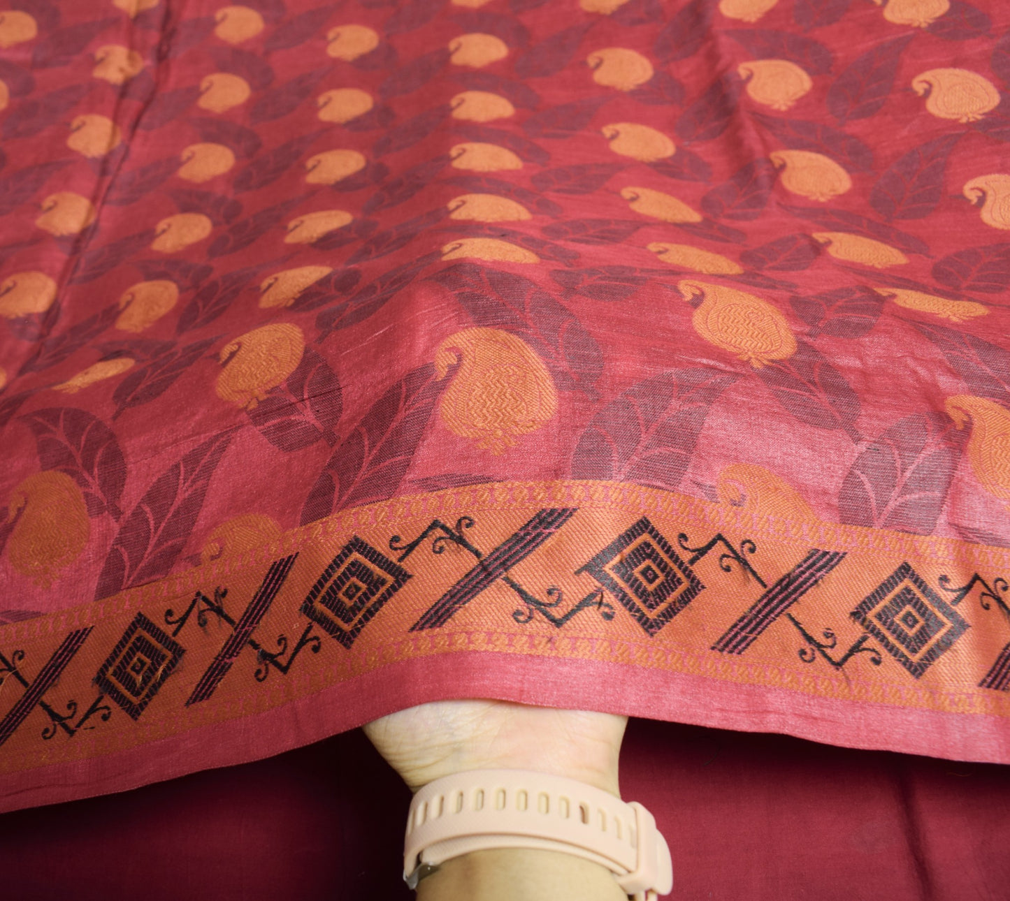 Sushila Vintage Paisley Woven Saree Pure Tussar Silk Maroon Soft 5YD Sari Fabric