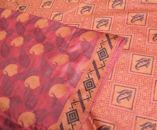 Sushila Vintage Paisley Woven Saree Pure Tussar Silk Maroon Soft 5YD Sari Fabric