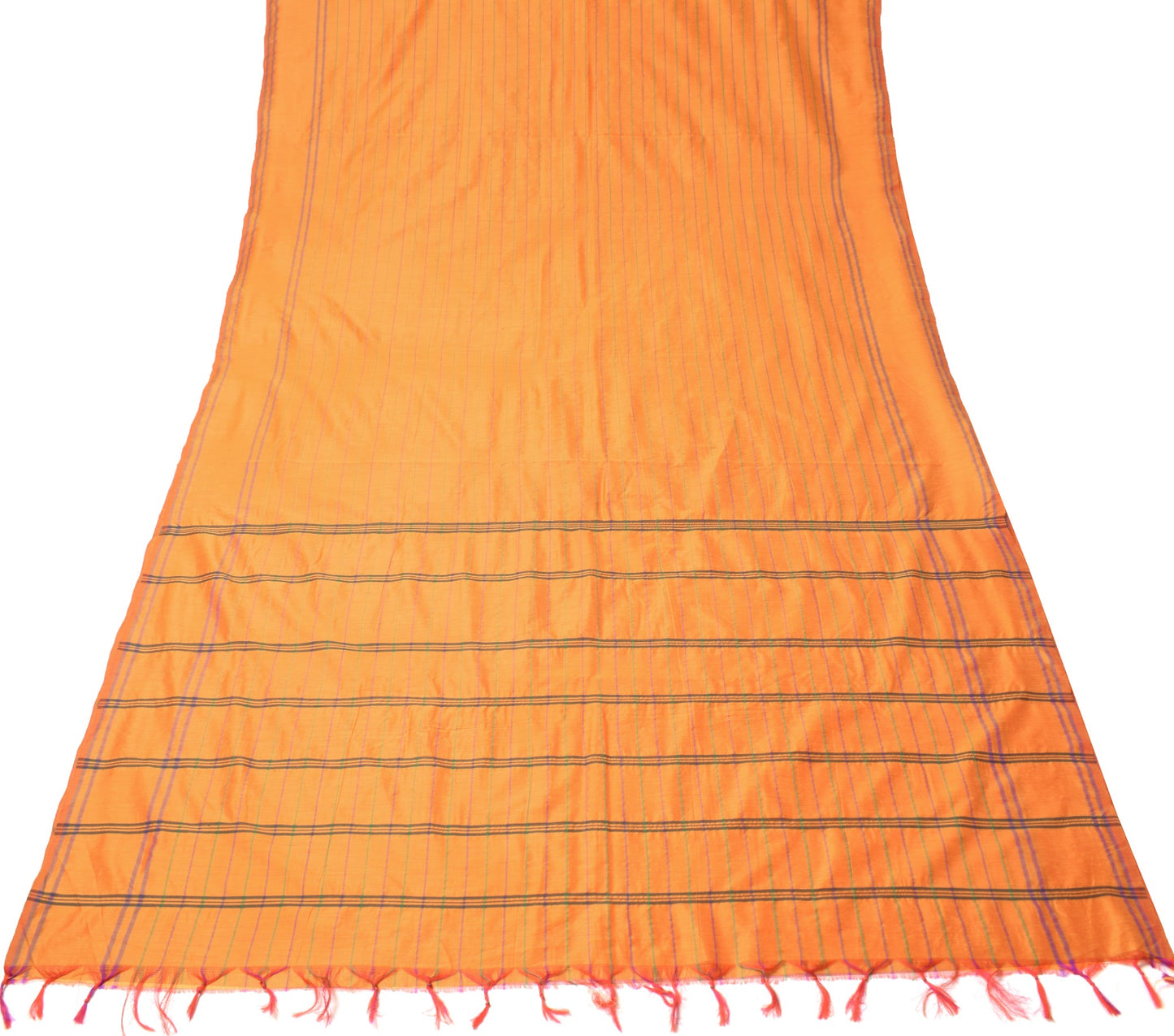 Sushila Vintage Orange Saree Art Cotton Stripes Hand-Woven 6YD Sari Craft Fabric
