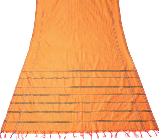 Sushila Vintage Orange Saree Art Cotton Stripes Hand-Woven 6YD Sari Craft Fabric