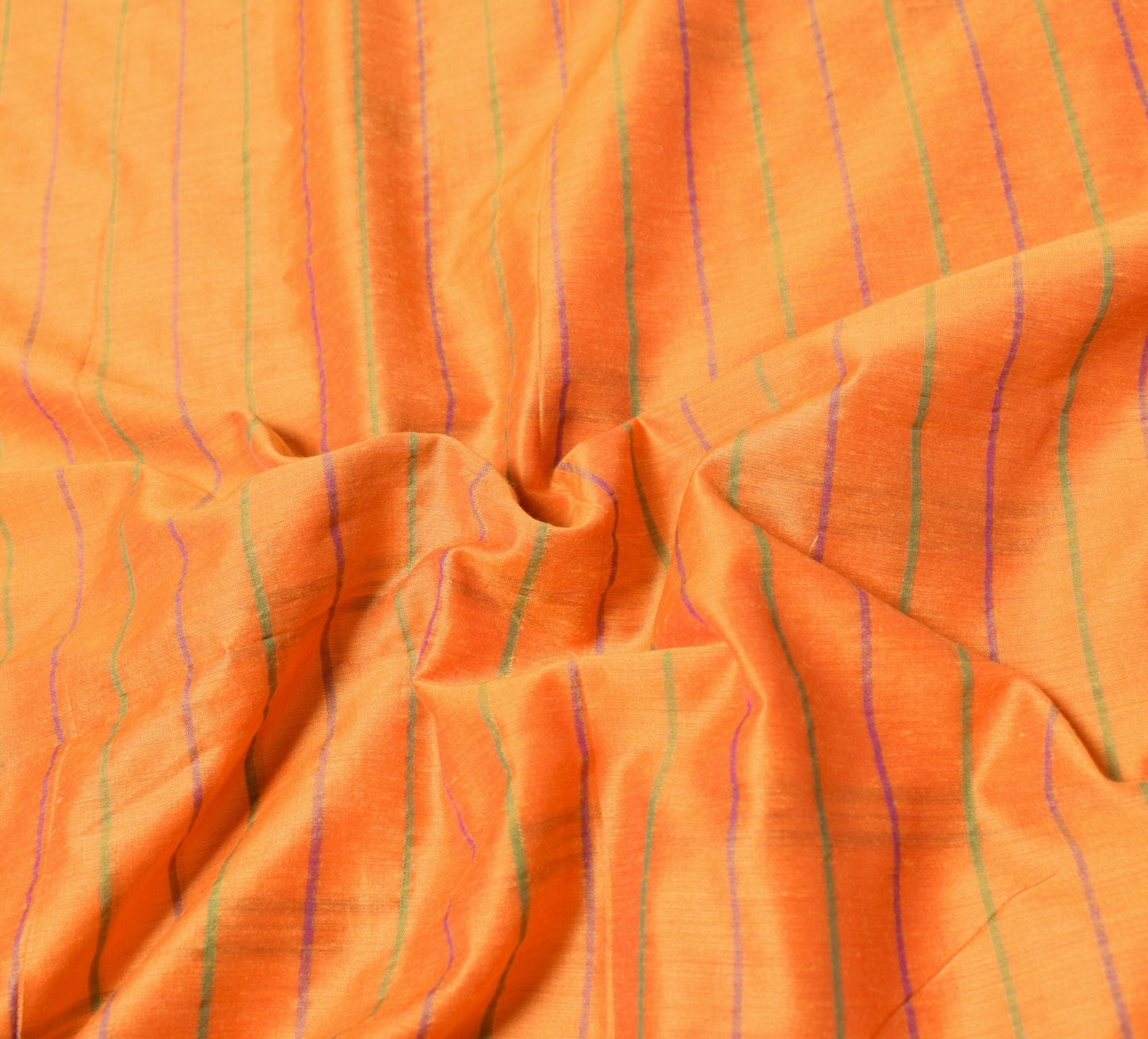 Sushila Vintage Orange Saree Art Cotton Stripes Hand-Woven 6YD Sari Craft Fabric