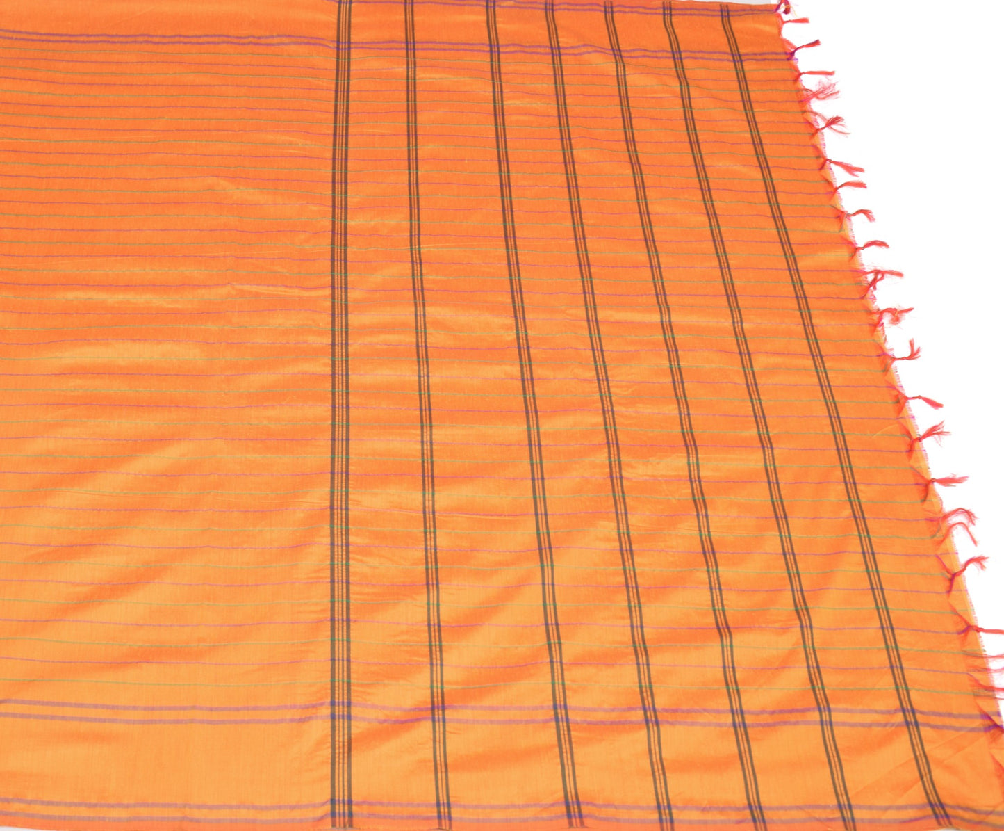 Sushila Vintage Orange Saree Art Cotton Stripes Hand-Woven 6YD Sari Craft Fabric
