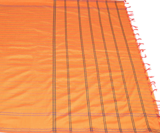 Sushila Vintage Orange Saree Art Cotton Stripes Hand-Woven 6YD Sari Craft Fabric