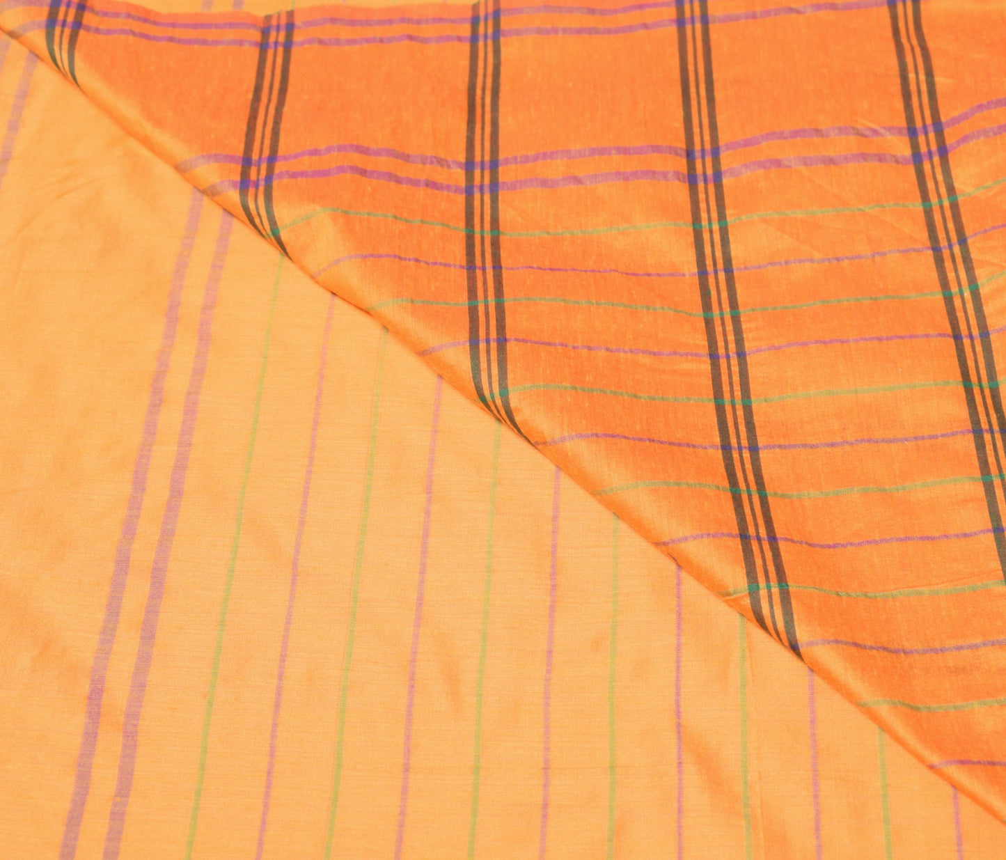 Sushila Vintage Orange Saree Art Cotton Stripes Hand-Woven 6YD Sari Craft Fabric