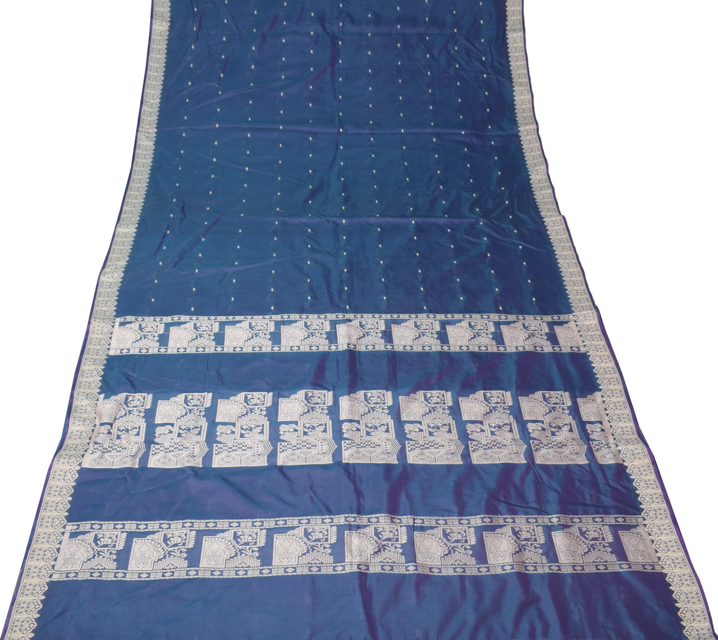 Sushila Vintage Handwoven Baluchari Saree Pure Silk Blue Soft 6 Yard Sari Fabric