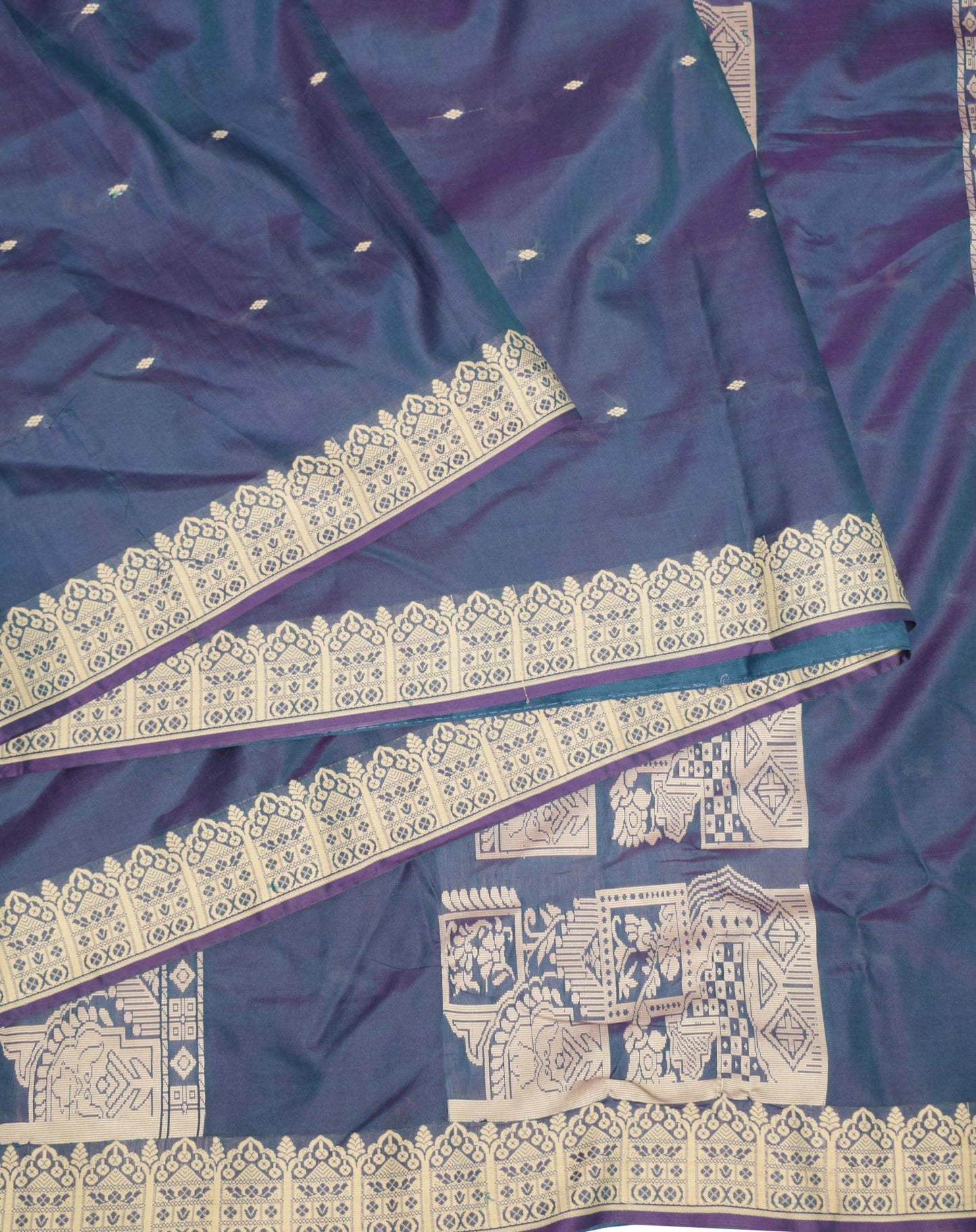 Sushila Vintage Handwoven Baluchari Saree Pure Silk Blue Soft 6 Yard Sari Fabric