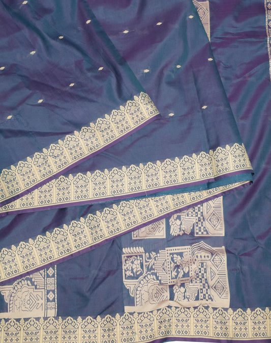 Sushila Vintage Handwoven Baluchari Saree Pure Silk Blue Soft 6 Yard Sari Fabric